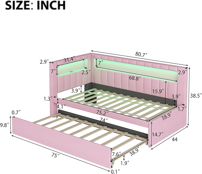 Twin Size Soft Daybed with Trundle, Storage Shelves and LED Belt, Linen Upholstered Corner Bed with L-Shaped Bookshelf Headboard and USB Charger for Kids Boys Girls, Pink