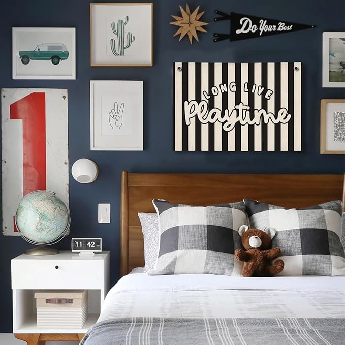 Playroom Decor, Long Live Playtime Wall Hanging Linen Banner, Blue Striped Wall Flag for Kids Room Nursery Playroom Decor, 20x30 Inch-Black