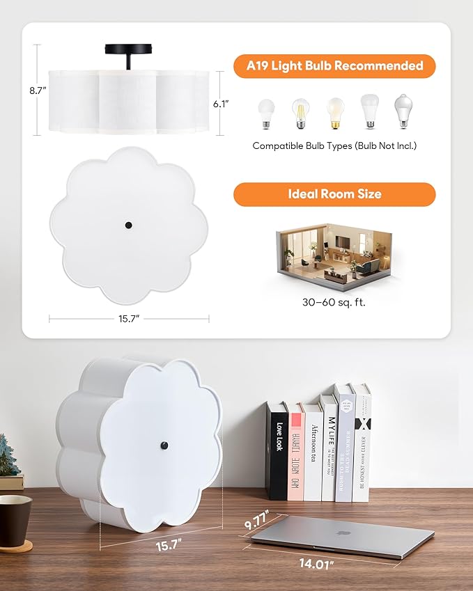 VONLUCE Semi-Flush Mount Ceiling Light, 15.7" Modern 3-Light Ceiling Light Fixture with White Petal-Shaped Shade 3 E26 Sockets for Bedroom Entryway Living Room, Black Finish, ETL Certificated