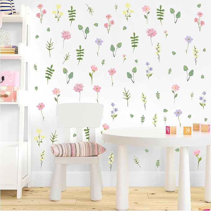 Flower Floral Wall Decal Small Colorful Flower Wall Stickers Flowers Leaves Decals Wildflower Floral Leaf Sticker Cute Flower Leaf Decal for Nursery Girls Room Bedroom Decor