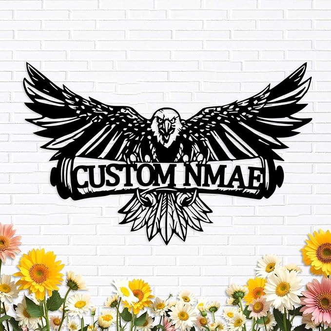 Personalized Eagle Metal Wall Art, Custom Name Sign, 8-24 Inch Black Iron Wall Decor for Indoor Outdoor, Nature-Themed Home Decoration