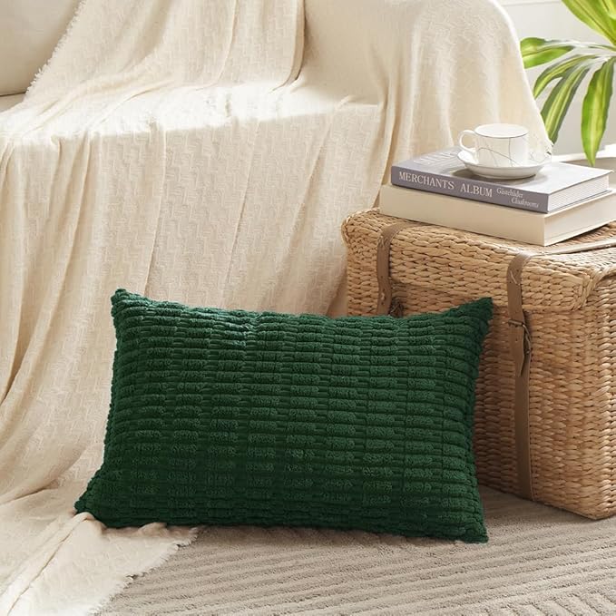 Fancy Homi 2 Packs Boho Dark Green Decorative Throw Pillow Covers 14x24 Inch for Couch Bed Sofa, Rustic Modern Farmhouse Home Decor, Soft Plush Corduroy Cute Square Cushion Case 35x60 cm