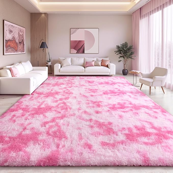 EVOIONOS Area Rug for Living Room Bedroom, Washable 6x9 Fluffy Shag Large Rug, Soft Plush Non Slip Carpet for Indoor Floor Bedside Nursery Kids Girls Room Dorm, Home Decor Aesthetic, Tie-Dyed Pink