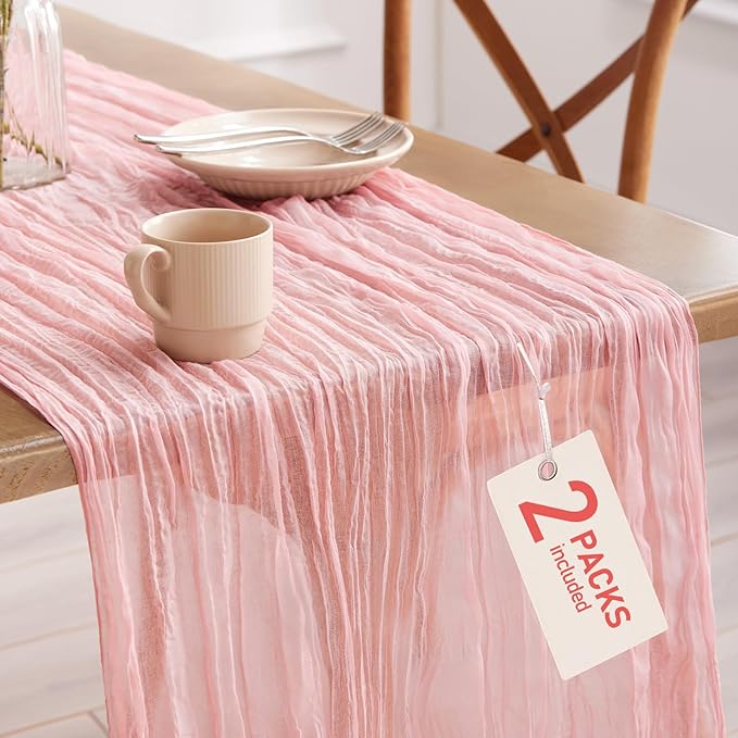 Pureegg 2-Pack Cheese Cloths Table Runner, 120'' Boho Table Cloth Decorations for Party, Baby Shower, Wedding and Farmhouse, Fabric Room Decor, Dusty Pink