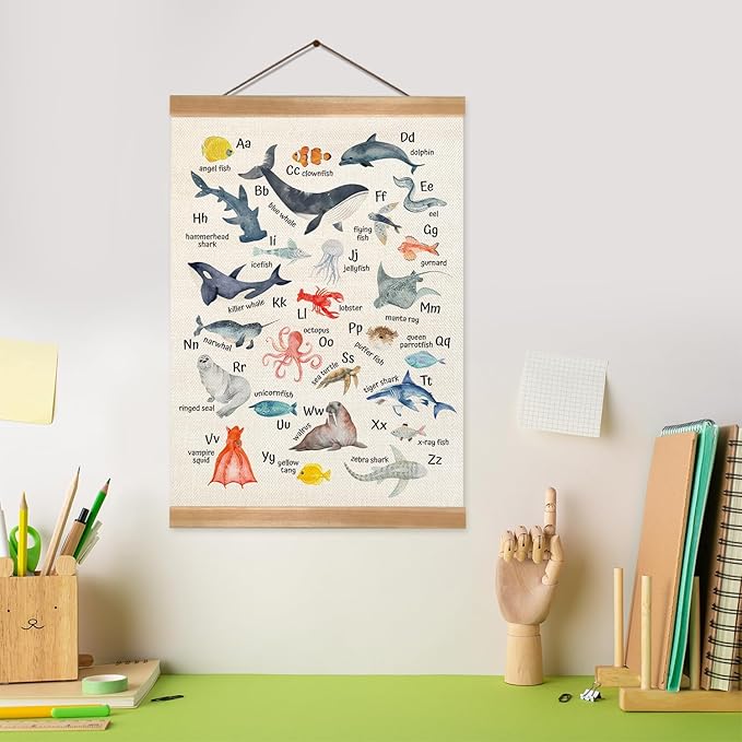 ZTGDA Alphabet Numbers Poster, Children's Room Wall Art, Marine Fishs Numbers&ABC Letter Banner Wall Hanging Decor for Toddler Room,Playroom,Nursery 12x16inch (Ocean animal ABC)