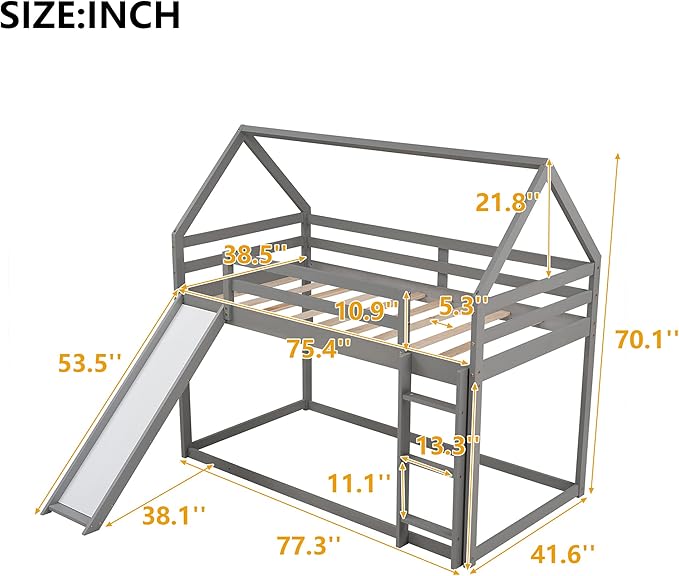 MERITLINE House Shaped Bunk Bed Twin Over Twin Size Wood Bunk Bed with Slide Low Bunk Beds for Boys and Girls, Twin Size, Grey