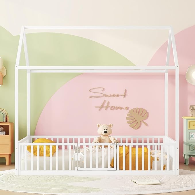 Bellemave Full Size House Bed for Kids, Montessori Floor Bed with Door, Metal House Bed with Door, Floor Bed for Kids, Montessori Floor Bed with Fence, White