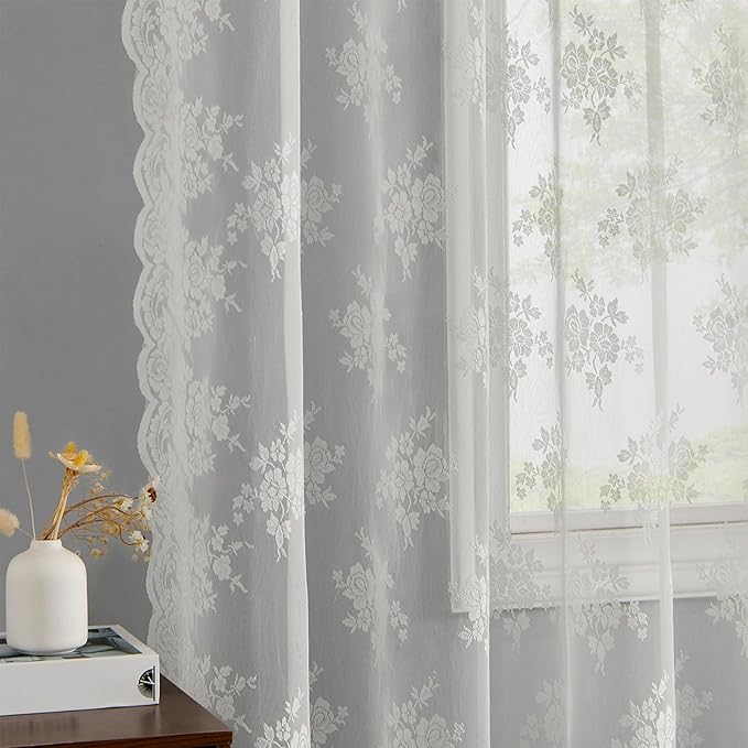 Kotile Ivory Lace Curtains 92 Inch Length, W52 x L92 Inch, 2 Panels, Country Rustic Floral Sheer Lace Curtains for Bedroom, Rod Pocket Light Filtering Privacy Cottagecore Vintage Window Sheer Curtain
