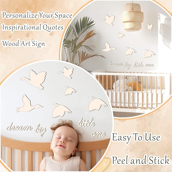 Dream Big Little One Wooden Walls Decor Baby Room Arts Decals Nursery Wall Art Sign Sticker Peel and Stick Colorable Inspirational Art Decoration for Kids Boys Girls Bedroom Playroom Decor-10pcs