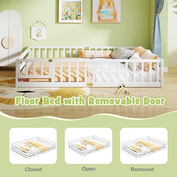KOMFOTT Queen Size Wood Floor Bed with Door & Fence, Montessori Bed Frame with Full Length Safety Guardrails, Door & Latch, Wooden Montessori Floor Bed for Kids, Girls, Boys (Queen,White)