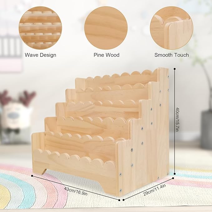 5 Tier Small Wooden Scalloped Shelf for Toddler 1-5 Years, Kids Bookshelf Children Montessori Bookshelf, Durable Baby Toddler Bookcase for Nursery Playroom, 16.9*11.4*15.7"