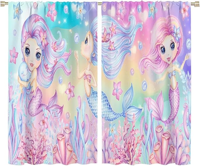 Cartoon Mermaid Kids Curtain Fantasy Ocean Theme Coral Flower Floral Window Treatment for Kids Girls Bedroom Nursery Room Decor Rod Pocket Blackout Window Drapes 72x63in