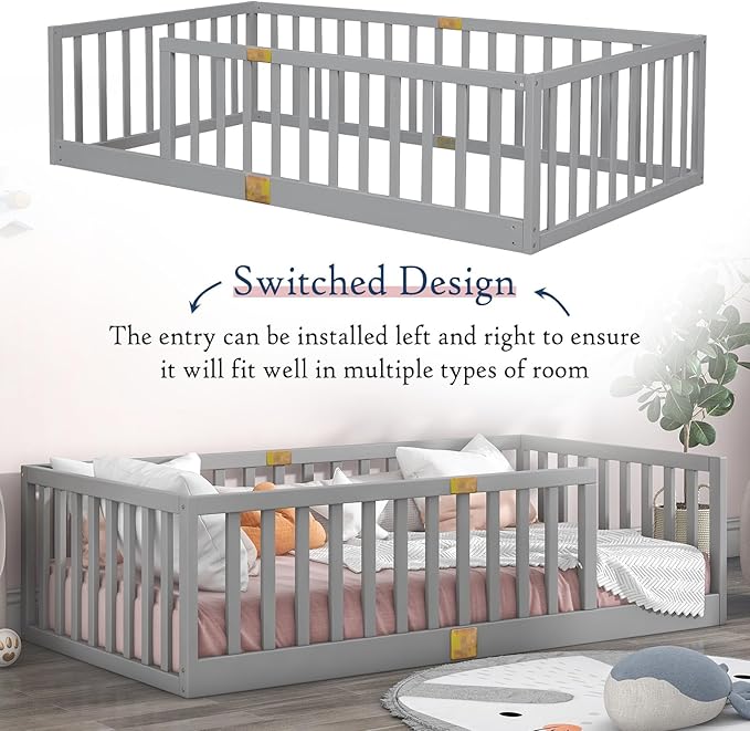 Tatub Twin Montessori Floor Bed with High Rails, Solid Wood Montessori Bed Frame for Kids, Entry Can Install Left and Right, Twin-Grey