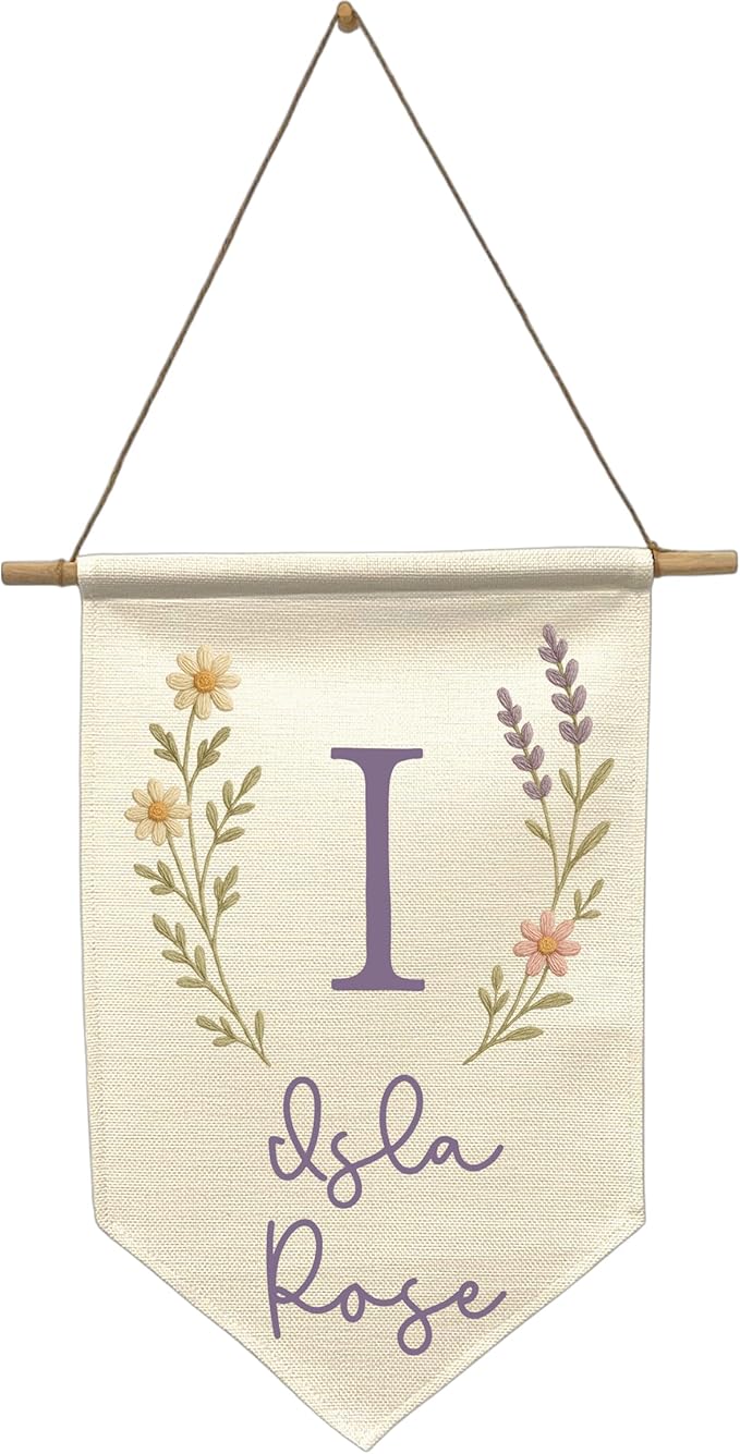Custom Name Banner Faux Embroidery Nursery Wall Hanging - Boho Baby Girl Room Decor – Kids’ Name Sign for Nursery, Bedroom, or Playroom (Purple Wildflower)