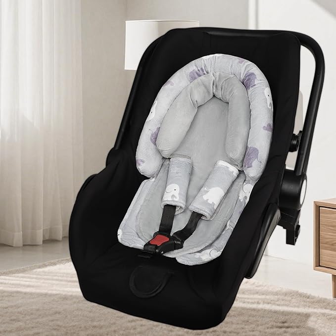 Baby Car Seat Head Support with Extra Headrest, 2-in-1 Babybody Supports with Shoulder Pads Set for Newborn, Adjustable Infant Car Seat Insert Compatible with Stroller, Baby Swing, (Grey Elephant)