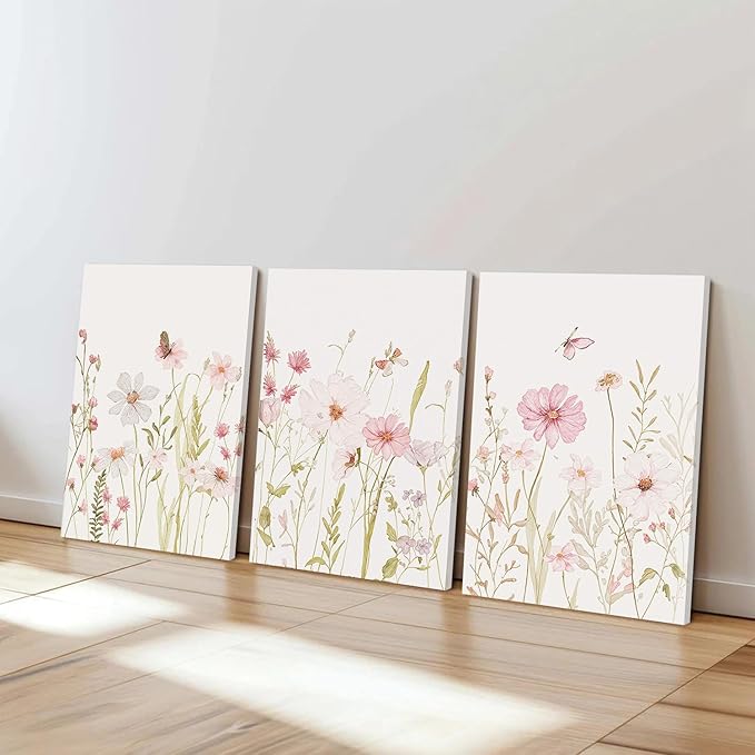 MTFBWY Floral Canvas Wall Art Flower Framed Art Prints Set of 3 Pink Wildflower Printing Botanical Nursery Pictures Wall Decor Artwork for Living Room Bedroom Bathroom 16x24in