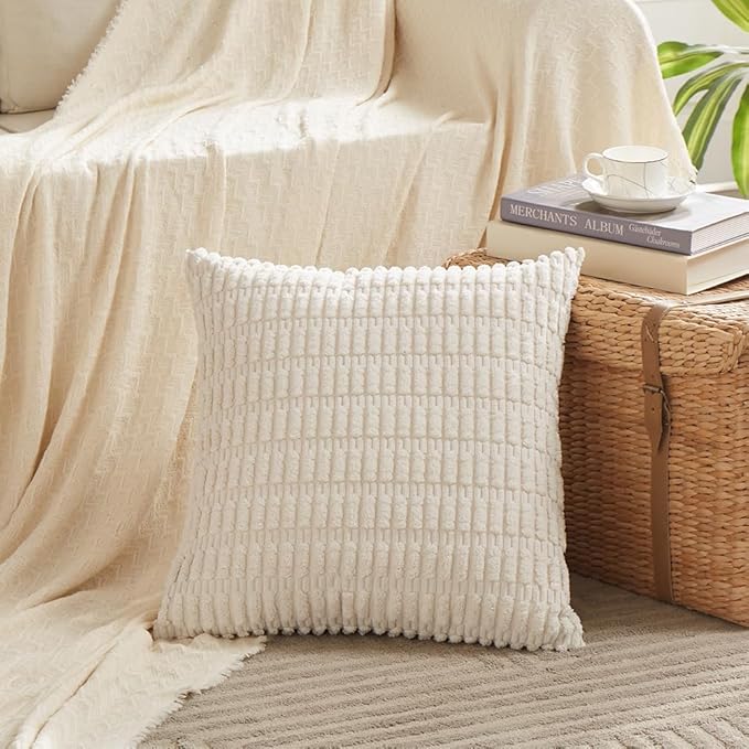 Fancy Homi 2 Packs Cream 26x26 Pillow Covers, Euro Pillow Covers with Stripe Pattern, Big Throw Pillow Covers for Couch Bedroom 66x66 cm