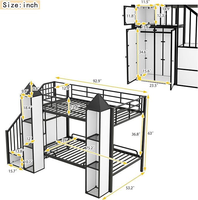 Twin Over Twin Castle-Shaped Bunk Bed with Wardrobe and Multiple Storage, Metal Bunk Bed with Storage Staircase and Safety Guardrail for Kids Teens Boys Girls Bedroom (White+Black 04)