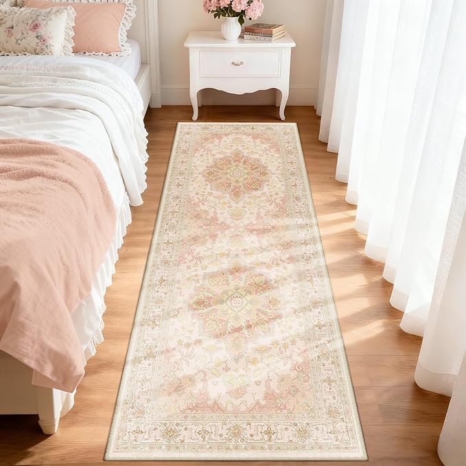 Machine Washable Rugs Nursery Rug 2x6 Cute Girl Non Slip Low Pile Water Repellent Soft Print Pattern for Bedroom Indoor Decor Kids Playroom Pinkgreen