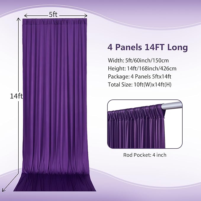 20×14 ft Purple Wrinkle Free Backdrop Curtain, Soft Silky Polyester Wedding Drapes 4 Panels 14ft Height Photo Backdrop Curtains for Parties Birthday Baby Shower Photography Background Cloth