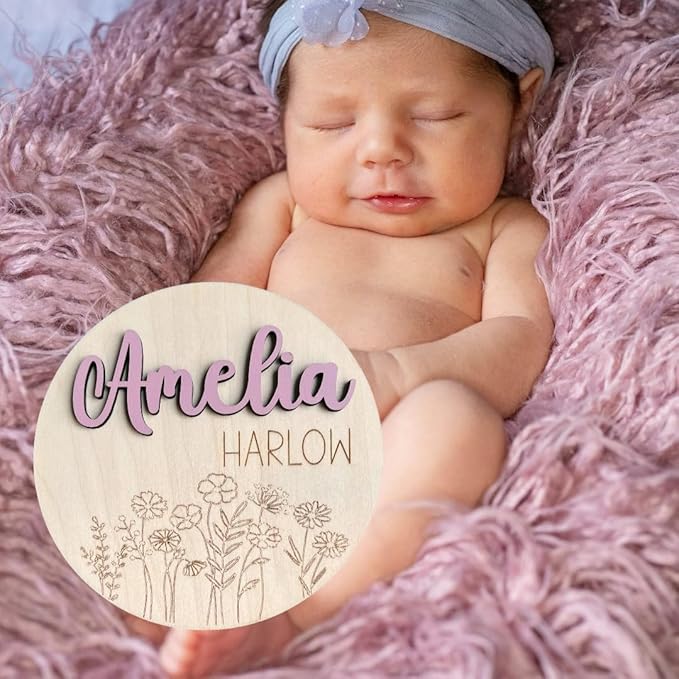 Personalized Baby Girl Floral Engraved Birth Announcement Name Sign, Baby Name Reveal, Sign for Hospital, Newborn Photo Prop, 19 Font Options, 30 Colors (Name Sign)