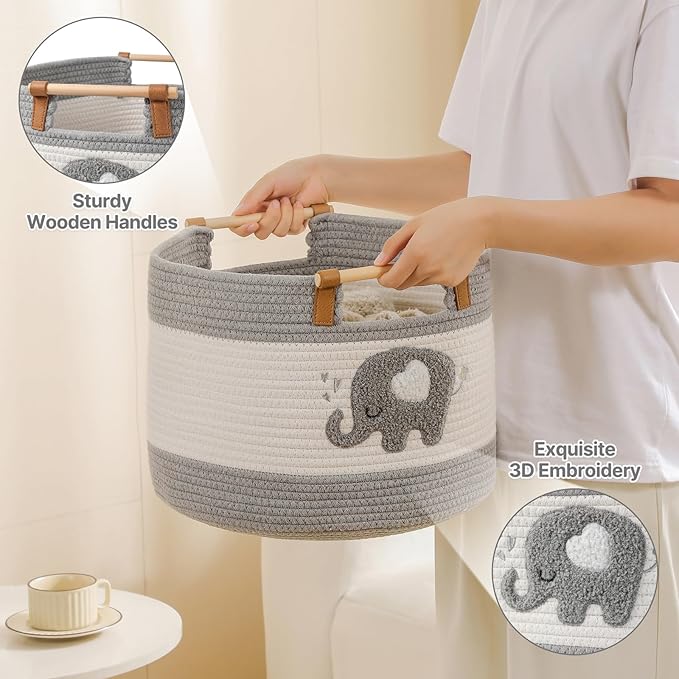Large Blanket Basket 35L Cotton Rope Basket with Wooden Handles Woven Baskets for Kids Stuffed Animal Toys Storage for Nursery, Laundry Hamper Clothes Baby Hamper Boys Gift Basket Empty, (Elephant ）