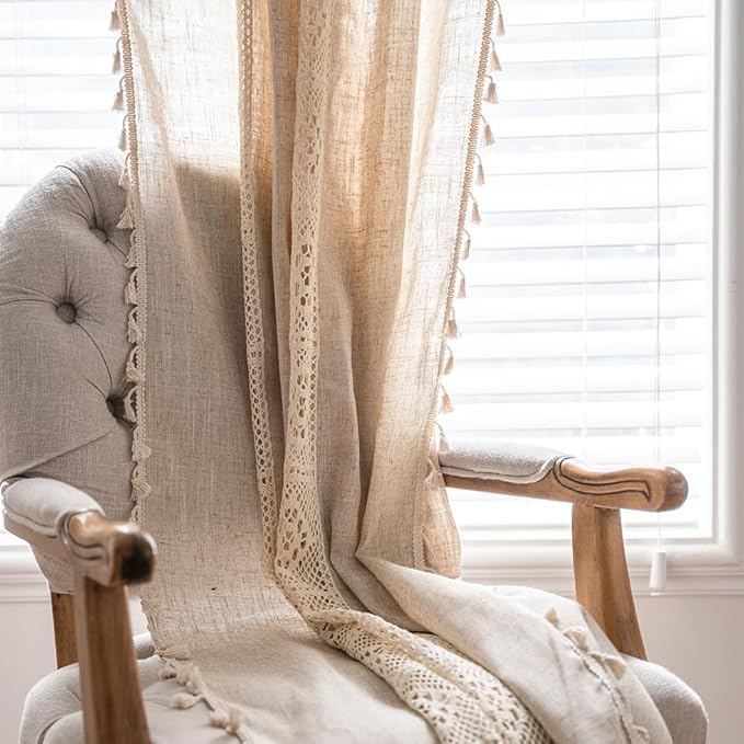 OYX Boho Curtains 84 Inch Length 2 Panels for Living Room, Bedroom Light Filtering Drapes, Farmhouse Vintage Country French Rustic Tassels Pattern Rod Pocket Aesthetic Decor Window Treatments