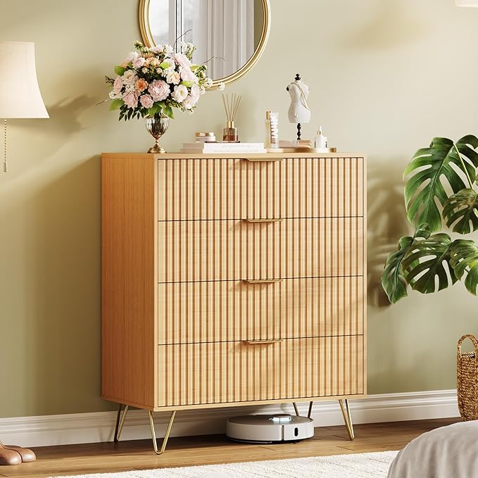 Garvee Fluted Dresser for Bedroom with 4 Drawers,32" Wide Modern Chest of Wooden Bedroom Chest with Metal Handle,Wide Clothes Storage Organizer,Closet Dresser & TV Stand for Living Room,Natura Oak