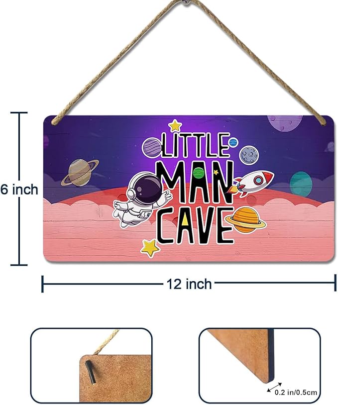 Outer Space Room Decor for Boys Astronaut Wall Art Toddler Boy Bedroom Decor Little Man Cave Sign Space Themed Wooden Signs Decorations for Kids Nursery Playroom Man Cave 12x6 Inch
