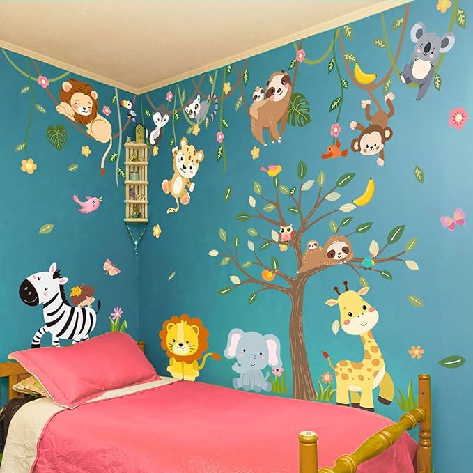 Large Jungle Safari Wall Decals 62.59”x90.94” Animals Climbing Trees Removable Peel and Stick Wall Art for Nursery Kids Room Playroom Decor