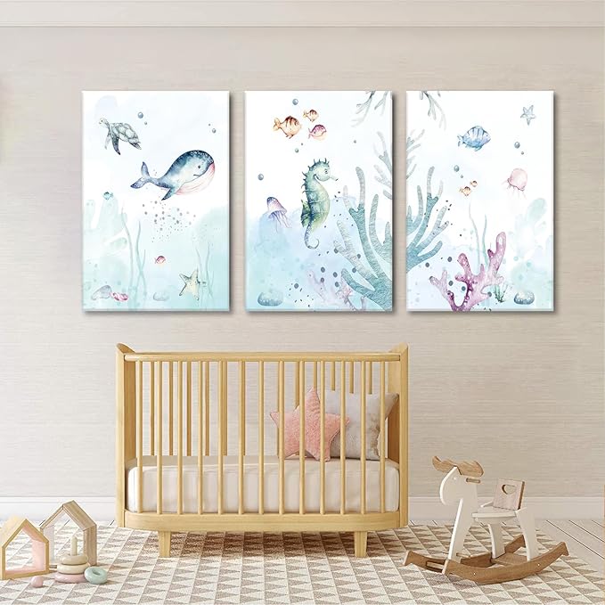 Wodkwq Ocean Nursery Decor, Set of 3 Boys Room Sea Animal Wall Art Picture Canvas Prints, 12x16 Inch Framed