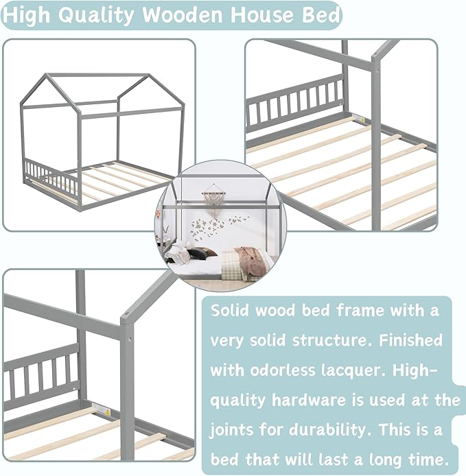 Bellemave Queen House Bed with Roof Wood Montessori Floor Beds for Kids Wood House Floor Bed Frame for Girls Boys Teens Adults, No Spring Box Needed, Gray