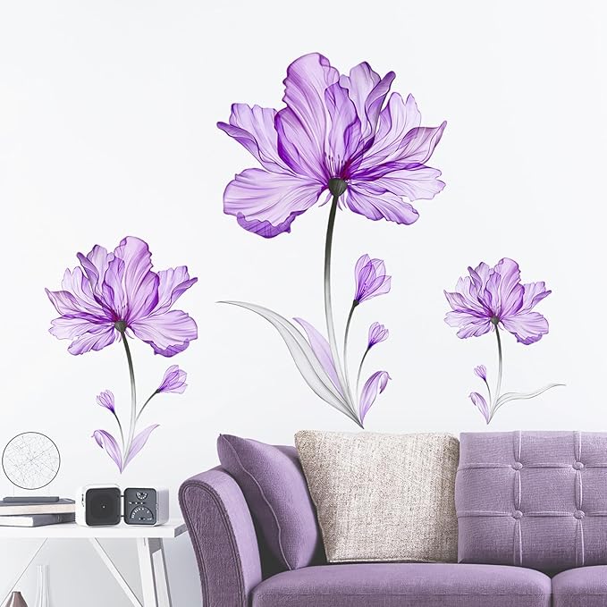 Tanlaby Purple Flowers Wall Stickers Large Floral Blossom Wall Decals Plants Wall Sticker Self-Adhesive Removable Wall Art Sticker for Living Room Bedroom Offices Bathroom Wall Decoration