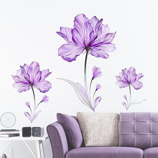 Tanlaby Purple Flowers Wall Stickers Large Floral Blossom Wall Decals Plants Wall Sticker Self-Adhesive Removable Wall Art Sticker for Living Room Bedroom Offices Bathroom Wall Decoration