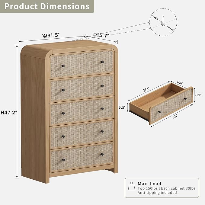 Oak&Sparrow 5 Drawer Tall Dresser for Bedroom, 47'' Rattan Dresser with Ample Storage, Boho Chest of Drawers, Thickened Curved Profile Design, Oak Dressers for Bedroom, Living Room