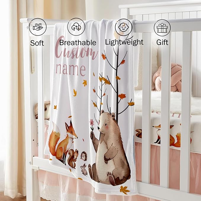 Custom Baby Crib Bedding Set - Fox Sika Deer Design Personalized Name Baby Nursery Bedding 3 Pcs Set - Chic Soft Blanket, Fitted Sheet, Room Rug for Newborns Boys Girls Gifts