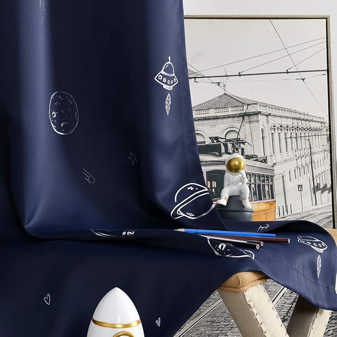 Vangao Navy Blue Kids Curtains for Boys Bedroom Space Theme Blackout Curtains for Kids Nursery Girls Room 84 Inches Length Silver Foil Print Drapes Grommet Top Window Treatments Set 2 Panels