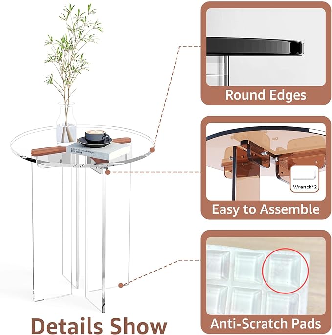 Acrylic Small Coffee Table, Round Accent End Table, Minimalist Bedside Nightstand, Side Tables Living Room, Bedroom Office Indoor Home Decor, Transparent Brown