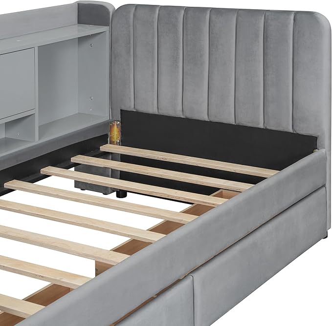 Twin Size Daybed with Desk, Storage Drawers and L-Shaped Bookshelf Headboard, Velvet Upholstered Soft Corner Bed with Flip Cabinets and Shelves for Kids Boys Girls, Gray
