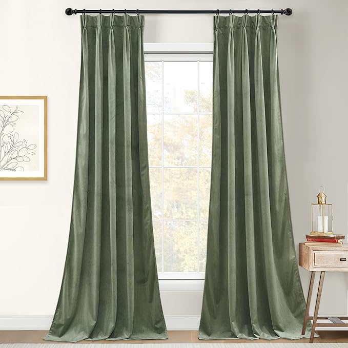 StangH Sage Green Pinch Pleated Velvet Curtains - Nursery Girls Bedroom Window Drapes Luxury Room Darkening Privacy Sliding Door Curtains for Living Room Office, W30 x L84, 2 Panels