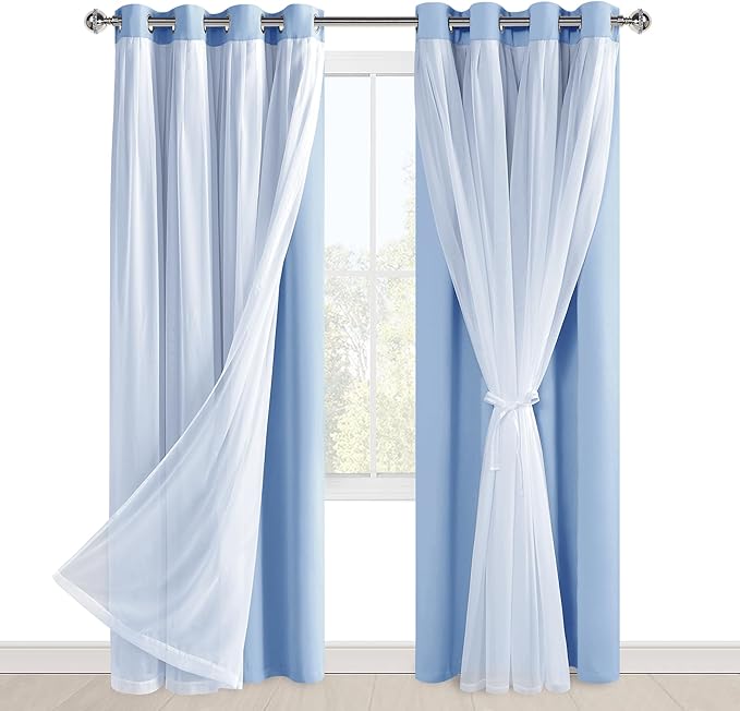 Hiasan Baby Blue Blackout Curtains with Sheer 84 Inches Long, Thermal Insulated Mix Match Double Layer Room Darkening Curtains for Bedroom, Living Room, 2 Window Drape Panels with Tiebacks, 52W X 84L