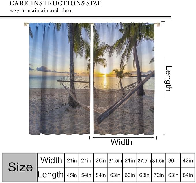 Ocean Beach Curtains,Morning Sunrise Hawaiian Seaside Scene Pattern Blackout Print Home Bedroom Living Room Window Treatments 2 Panel Set 42x63 Inch