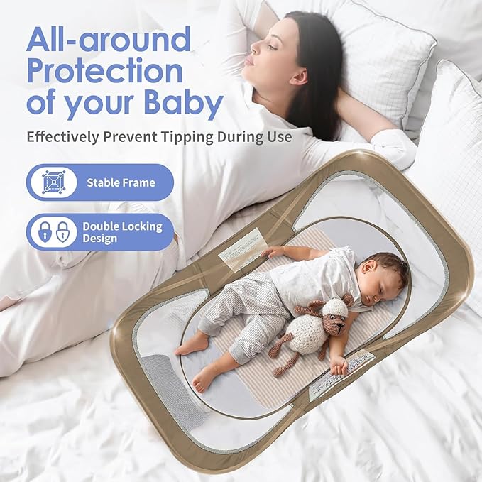 Portable Baby Bassinet for Baby Travel, Baby Cribs Travel Pod for Outdoors Baby Lounger Infant Travel Bed with Mosquito Net and Sunshade Canopy, Lightweight Washable (Brown)