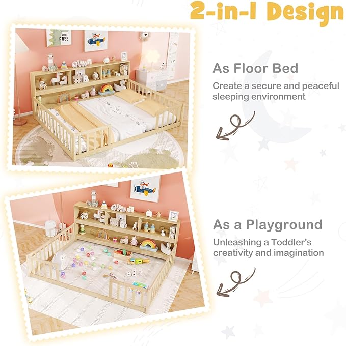 KOMFOTT Full Floor Bed with Bookcase & Shelves, Wood Bed Frame with Bedside Bookshelves & Guardrails, Versatile 2-in-1 Montessori Floor Bed for Kids (Full,Natural)