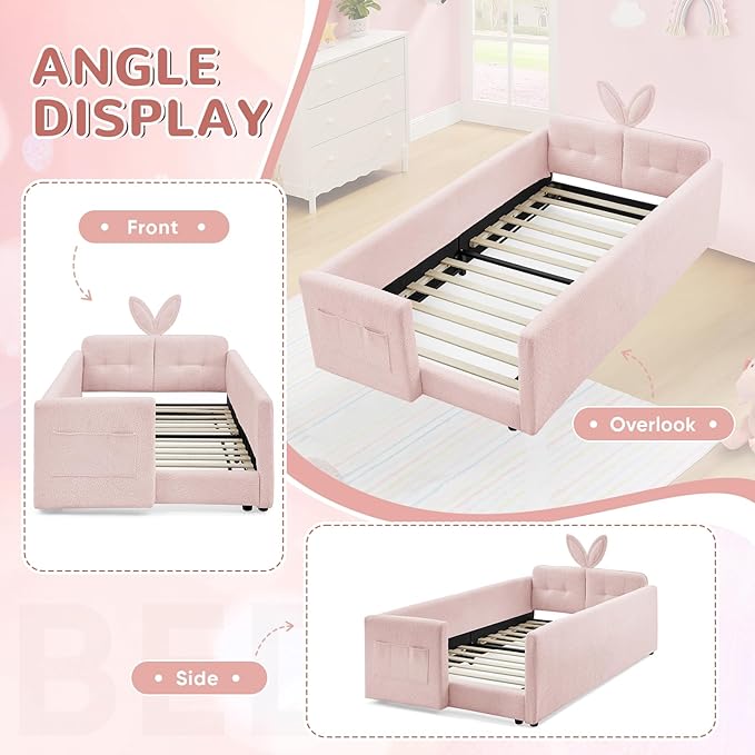 Twin Size Kids Bed with Rabbit Ear Headboard, Upholstered Boucle Fabric Twin Daybed with Slats Support & Side Pockets, Space-Saving Wooden Corner Sofa Couch Bed Frame, for Girls, Boys, Teenager(Pink)
