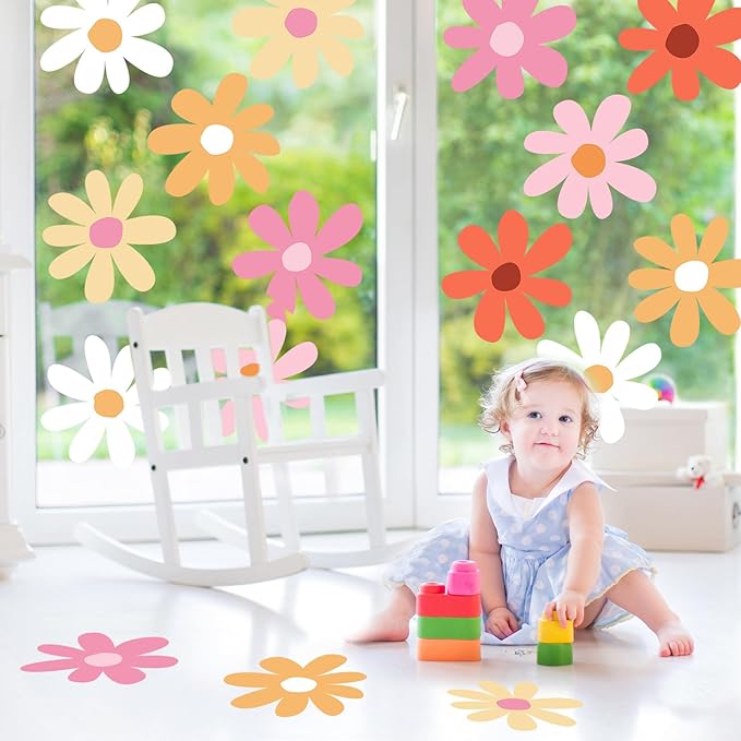 TaoBary 12 Sheets Daisy Wall Decal Flower Wall Sticker Cute Daisy Sticker Pink White Flower Decal Peel and Stick Floral Wallpaper for Nursery Bedroom Home Decor(Bright Color,Minimalist Style)