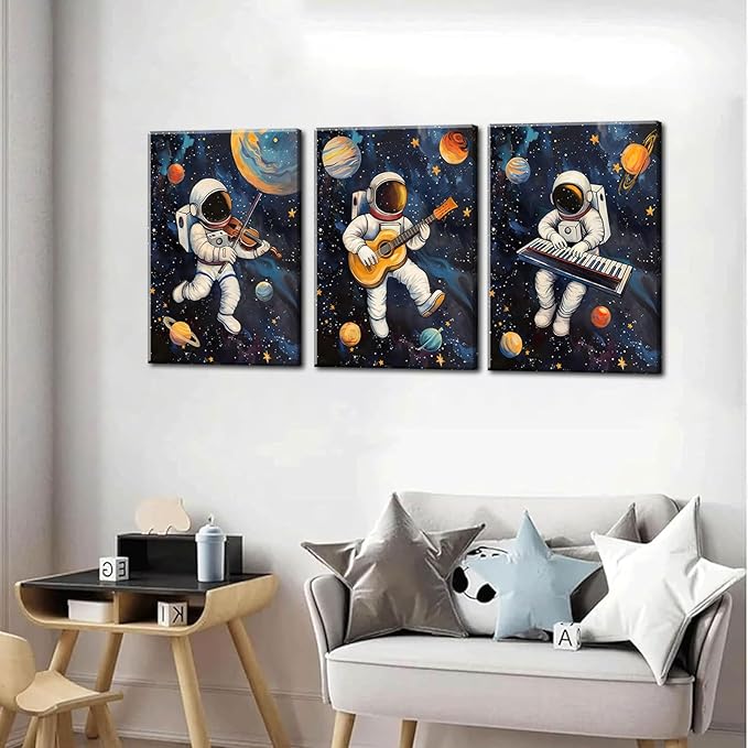 3Pcs Space Astronaut Musiic Canvas Wall Art Cute Astronaut Musician Decor Pictures Funny Piano Guitar Violin Posters Prints for Boys Room Girls Room Kids Room Nursery Decoration