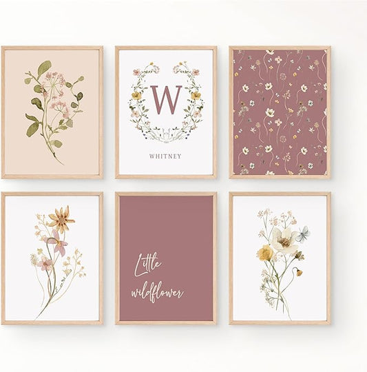 Personalized Name Flower Nursery Wall Art Prints, Crib & Nursery décor, Newborn Baby Girl Gift Present, Floral Baby Girl Room Pictures, Poster For Baby And Kids (6 Prints, Flower 3)