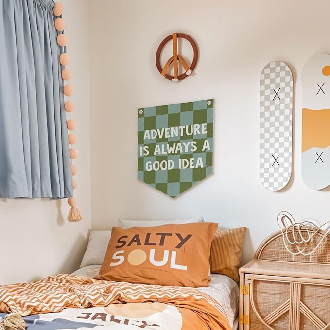 Boys Room Decor – Adventure Linen Pennant, Sage Green Canvas Triangle Flag, Wall Hanging Banner for Toddler Boy Nursery & Playroom, 14.5x12.6 in