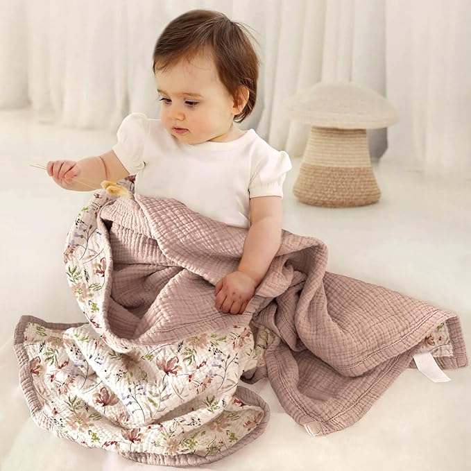 lulumoon Muslin Baby Blanket for Girl: Floral Cotton Toddler Blanket - Soft Lightweight for Nursery & Daycare 47"× 47"(Pink Flower)
